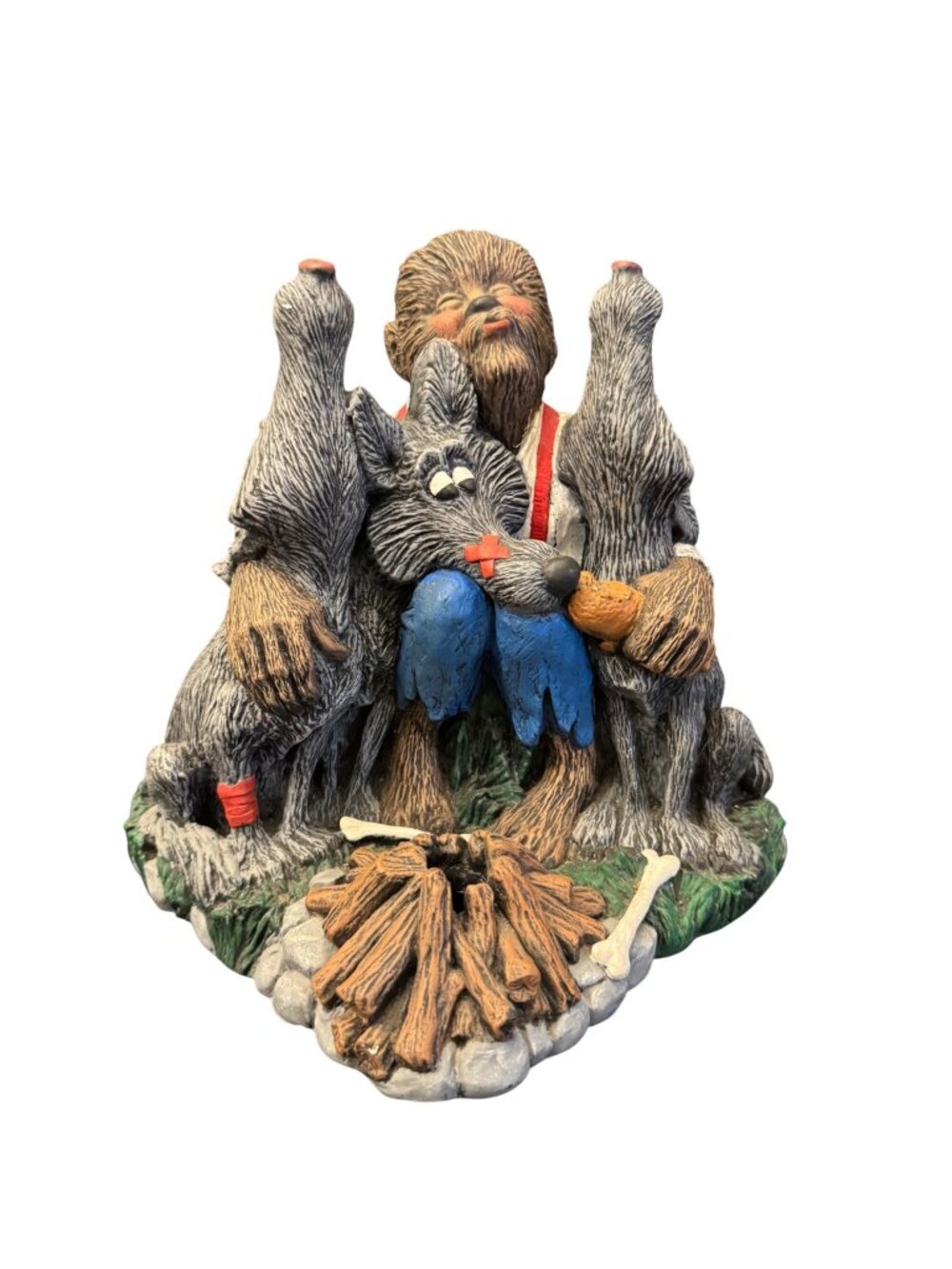 Howling Wolf Figurine With Campfire Scene 1988 Collectible Statue Hand-Painted